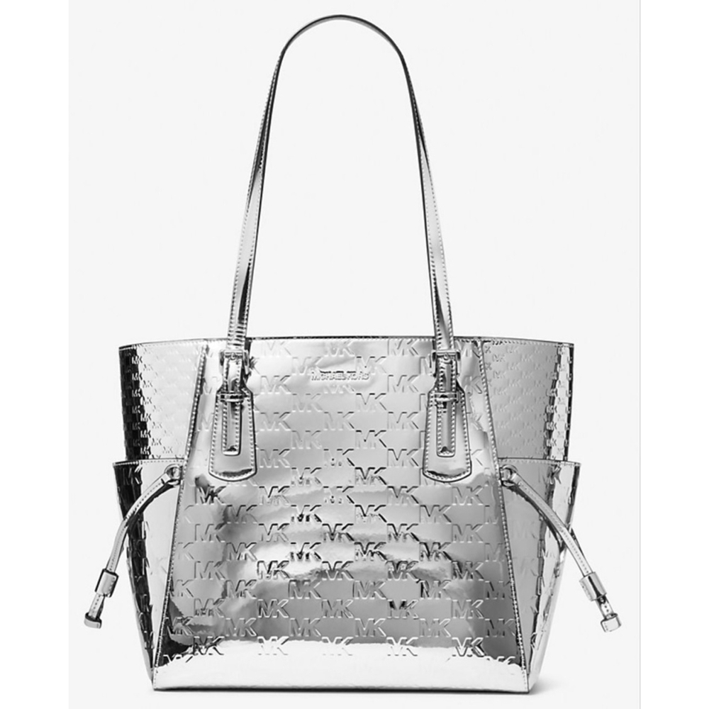 Michael Kors Voyager Large Metallic Silver Tote with Logo Accent & Zip Closure